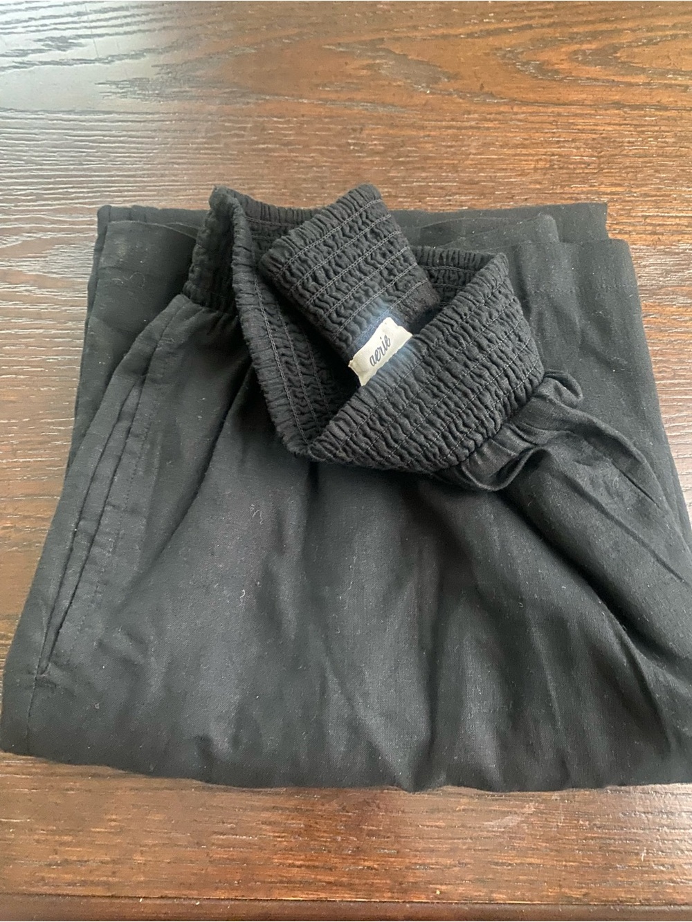 Aerie Black Smocked-Waist Linen Pants